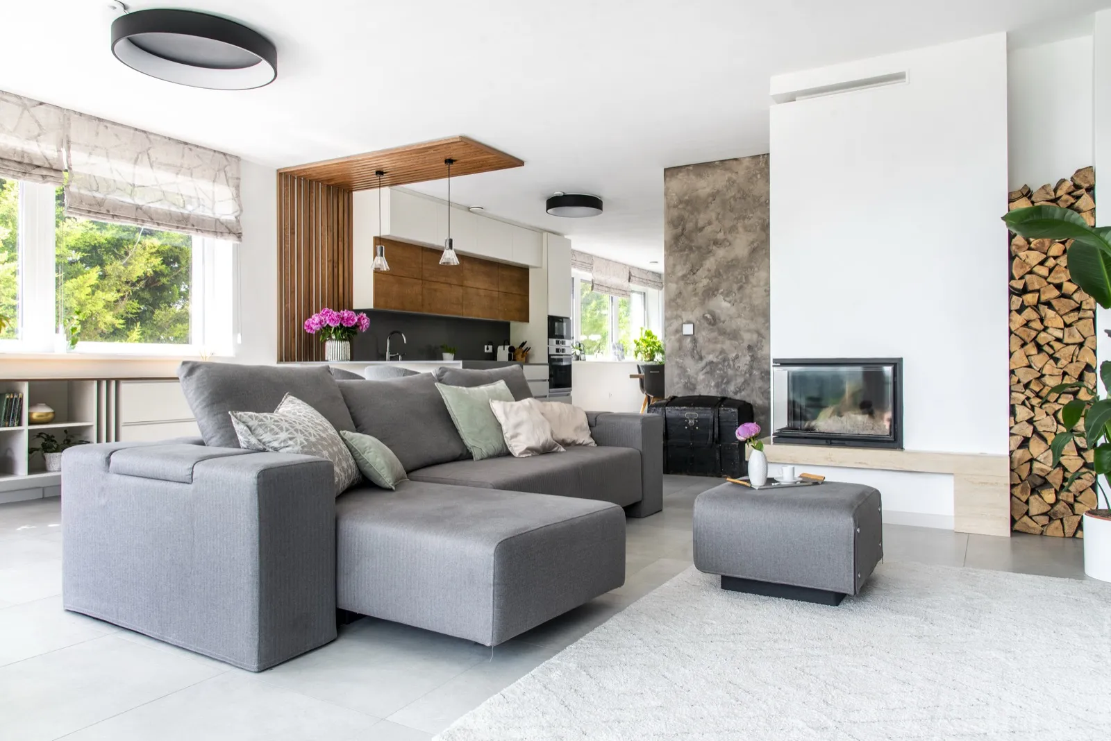 Budaörs home kitchen with wood-slat ceiling