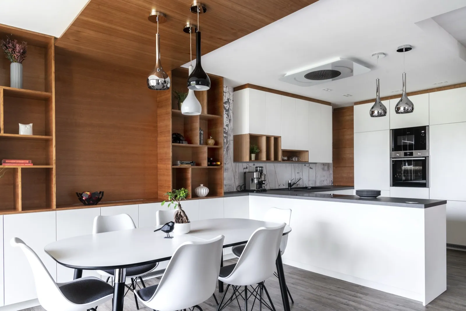 Dining area with wooden ceiling cladding