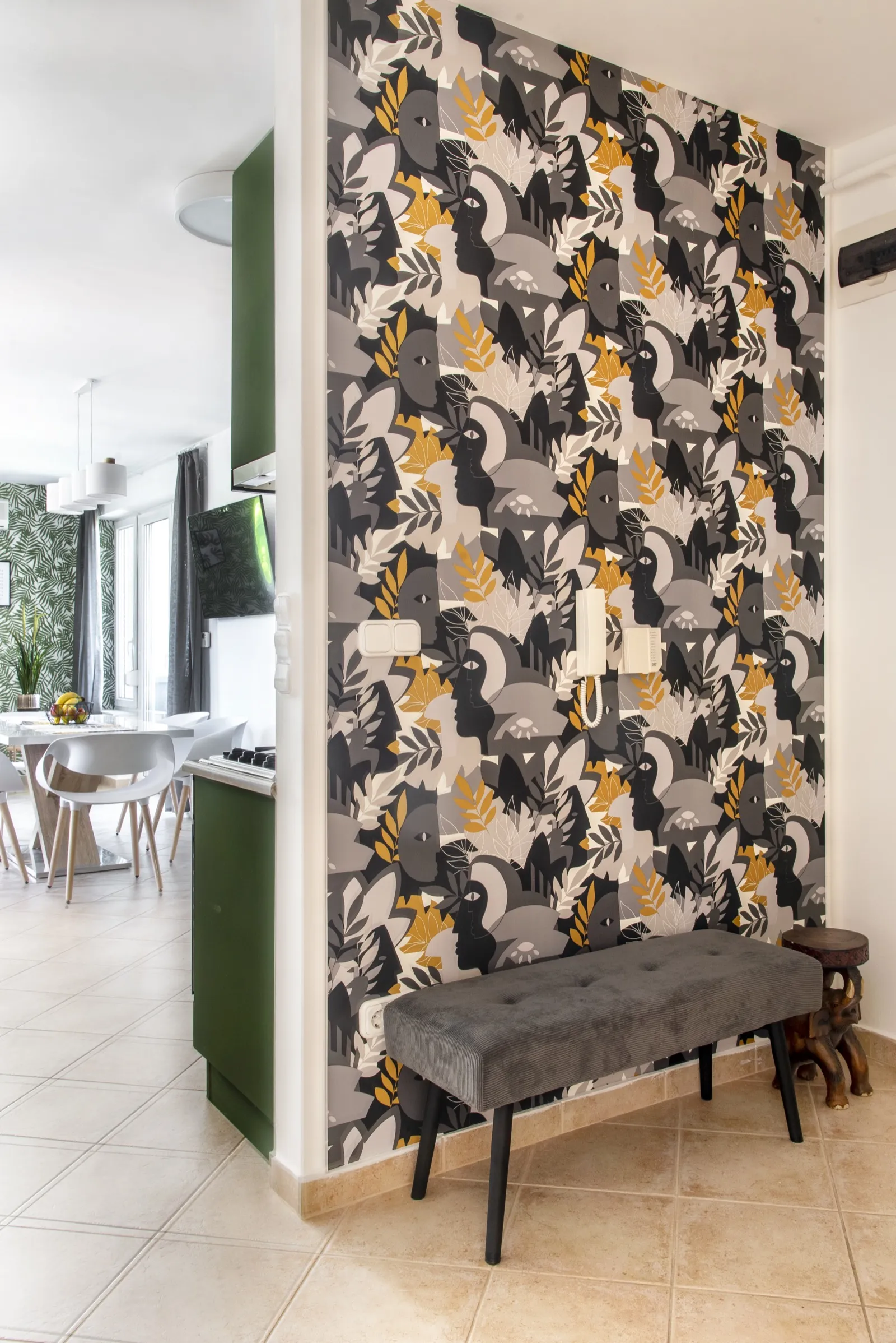 Dining area with mustard yellow accents