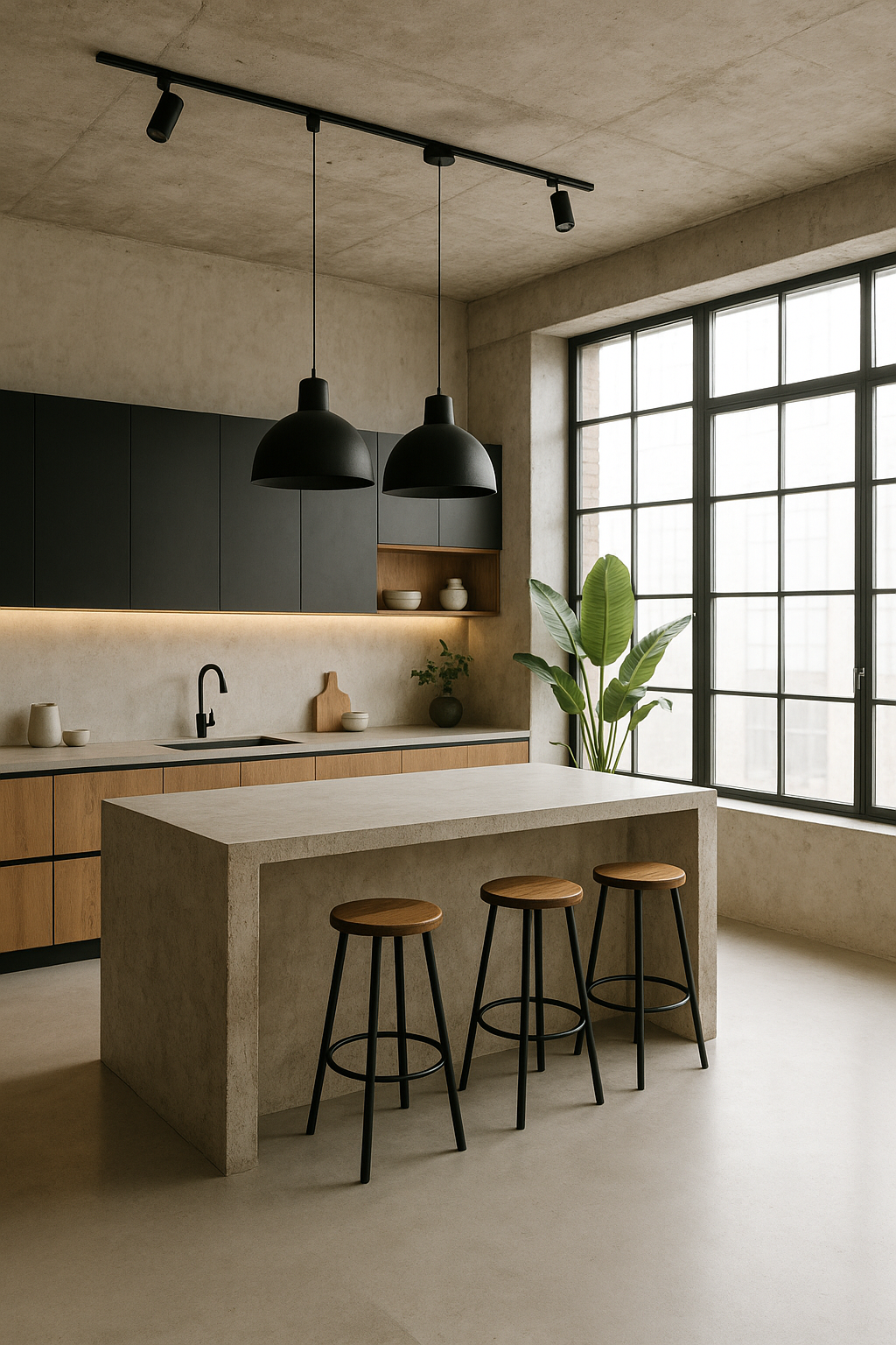 Industrial loft kitchen with raw materials
