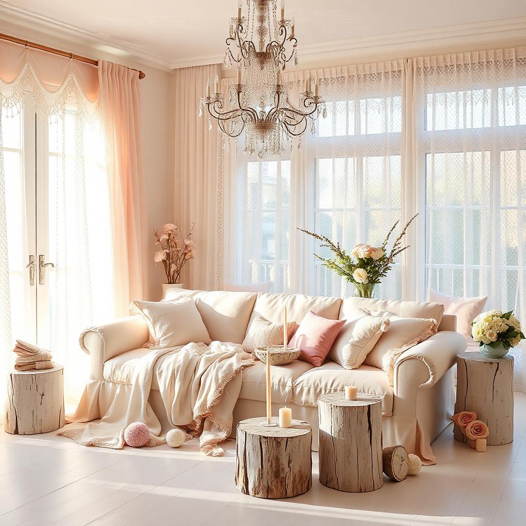 Romantic living room with soft textiles